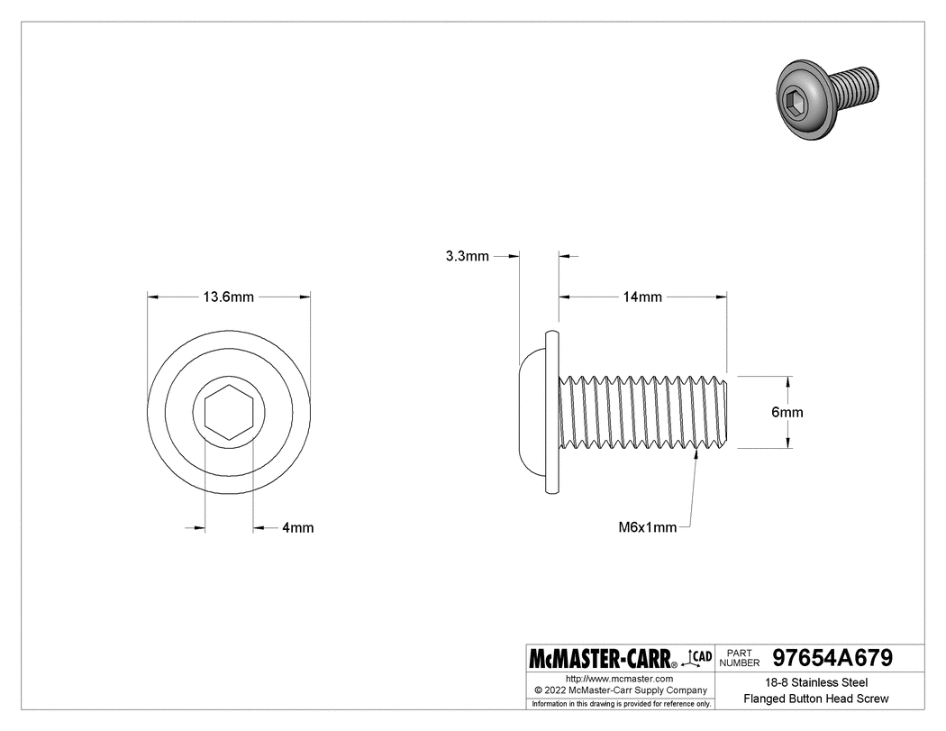 Technical Drawing of 18-8 Stainless Steel Flanged Button Head Screw, M6 x 1 mm Thread Size, 14 mm Long.